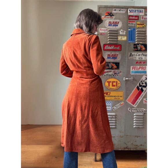 Vintage 70s Suede Trench Coat | Rust Orange Belted Maxi Jacket | Size M - Picture 6 of 13
